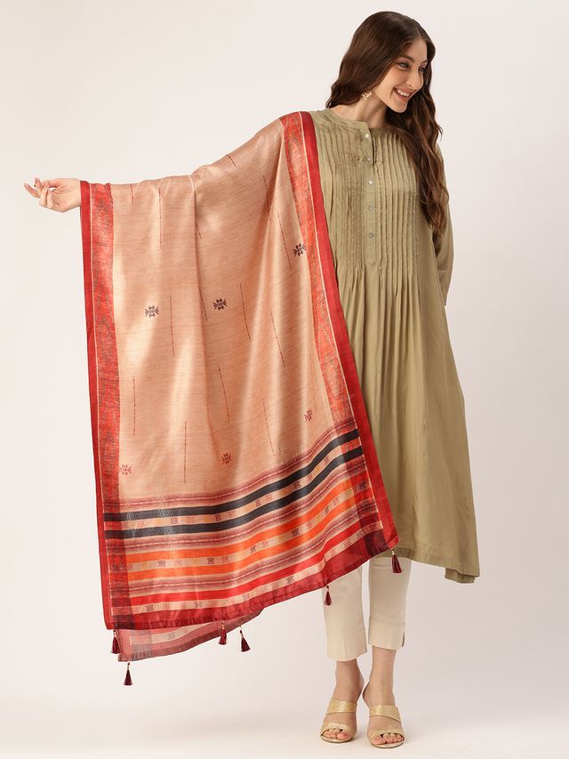 Sangam Prints Cream Art Silk Printed Traditional Tassel Dupatta