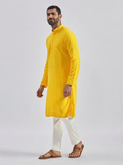 VASTRAMAY Men's Yellow And White Rayon Cotton Kurta Pyjama Set