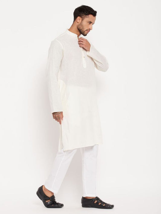 VM Men's Cream And White Cotton Kurta Pyjama Set