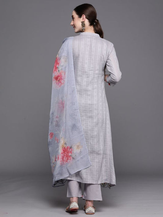 Indo Era Grey Embroidered A-Line Kurta Trousers With Dupatta Set