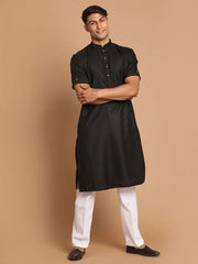 VM Men's Black And White Cotton Blend Kurta Pyjama Set