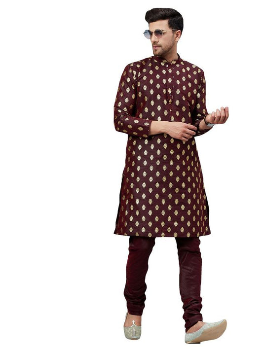 VM Men's Wine Dupion Silk Kurta Pyjama Set