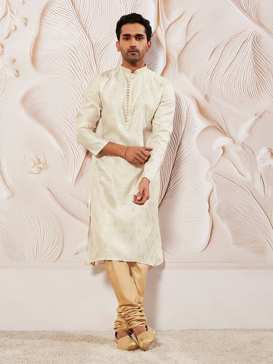 VASTRAMAY Men's Cream Silk Blend Kurta Pyjama Set