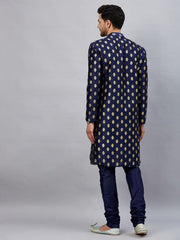 VM Men's Navy Blue Dupion Silk Kurta Pyjama Set