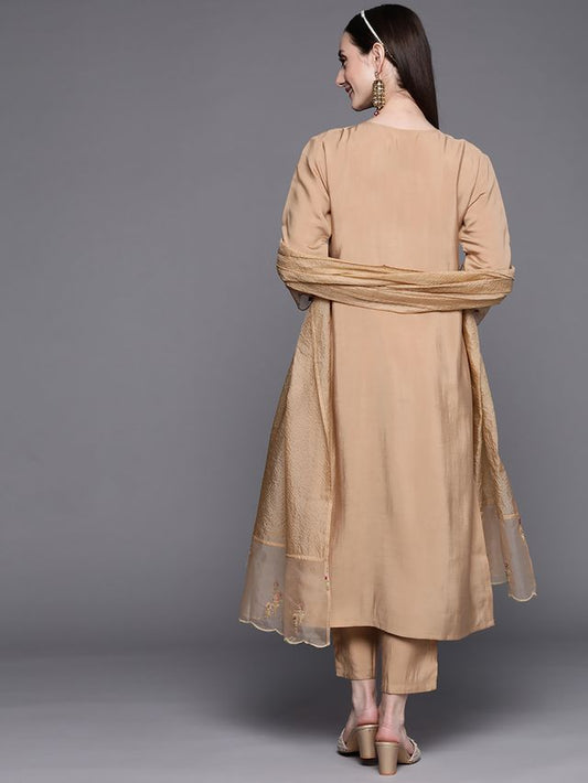 Indo Era Beige Embroidered Straight Kurta Trousers With Dupatta Set