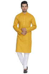 Vastramay Men's Yellow Cotton Linen Blend Kurta Pyjama Set