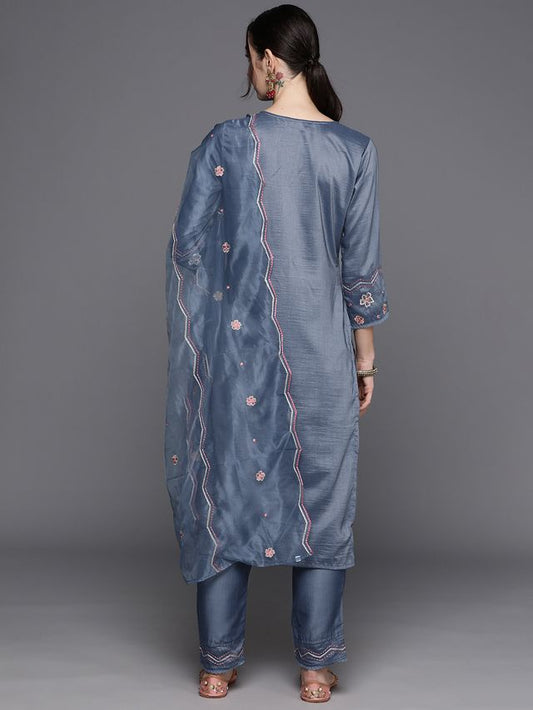 Indo Era Blue Embroidered Straight Ethnic Kurta Trousers With Dupatta Set