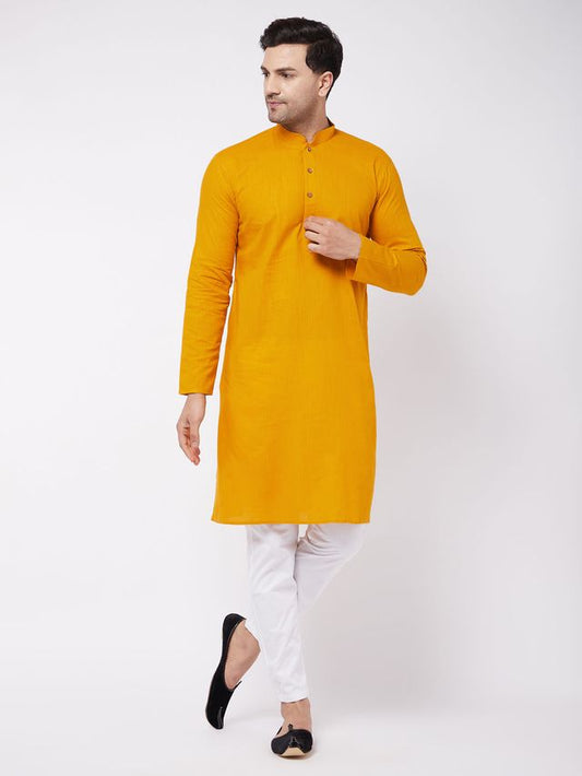 Vastramay Men's Mustard And White Cotton Linen Kurta Pyjama Set