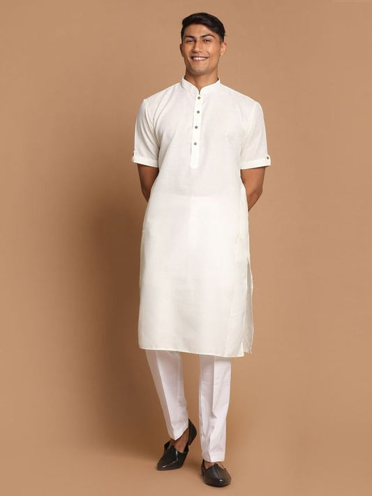 VM by Vastramay Men's Cream And White Cotton Blend Kurta Pyjama Set