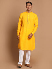 Vastramay Men's Yellow And White Cotton Blend Kurta Pyjama Set