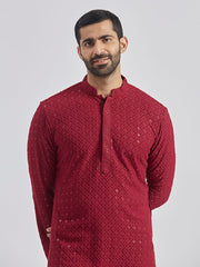 VASTRAMAY Men's Maroon And White Rayon Cotton Kurta Pyjama Set