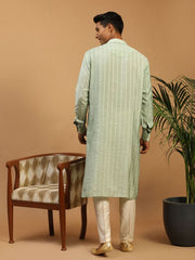 Shrestha By Vastramay Men's Green And Cream Cotton Blend Kurta Pyjama Set