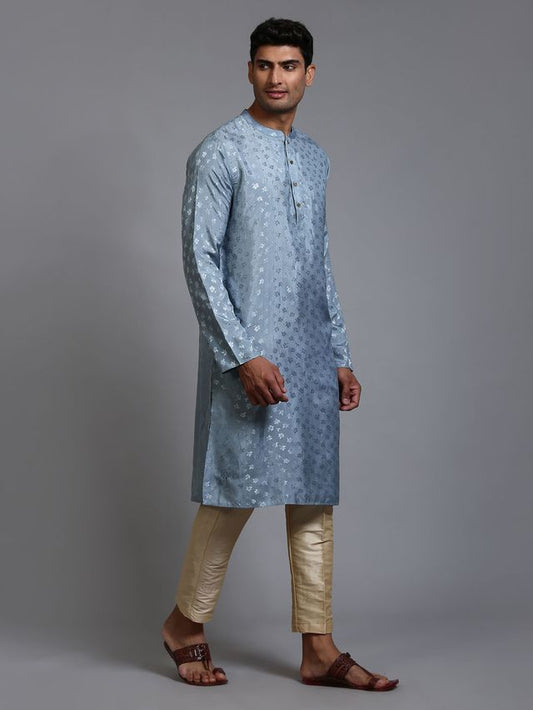 VM Men's Grey And Gold Silk Blend Kurta Pyjama Set