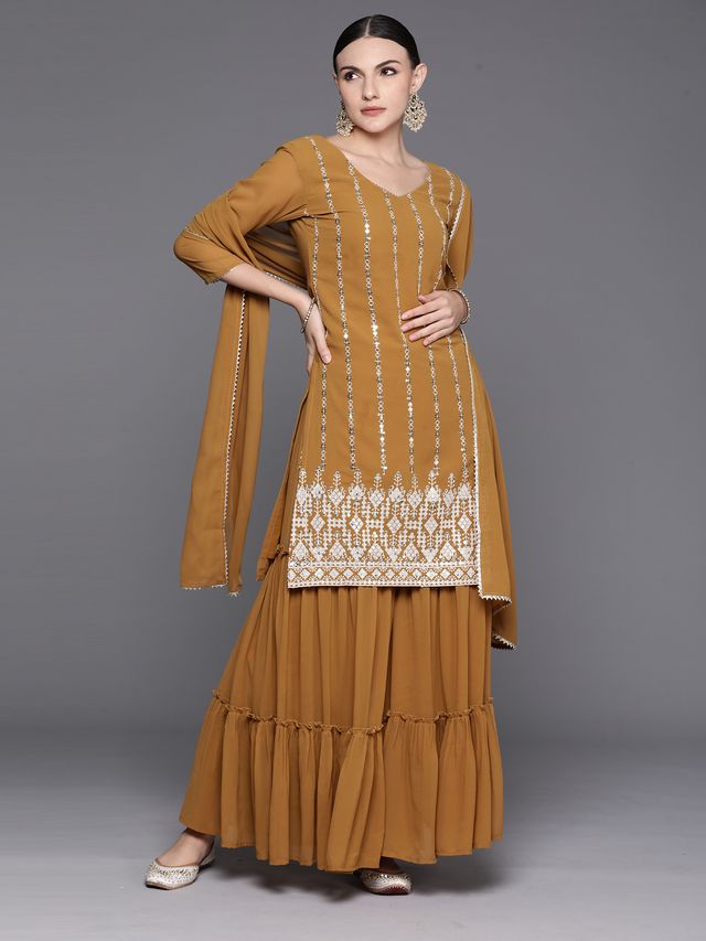 Indo Era Mustard Embroidered Straight Kurta Sharara With Dupatta Set