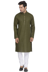 Vastramay Men's Green Cotton Linen Blend Kurta Pyjama Set