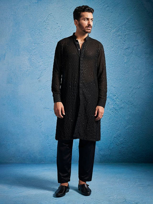 VASTRAMAY Men's Black Georgette Kurta Pyjama Set