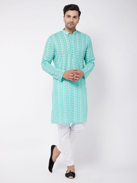 Vastramay Men's Green And White Pure Cotton Kurta Pyjama Set