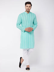 Vastramay Men's Green And White Pure Cotton Kurta Pyjama Set