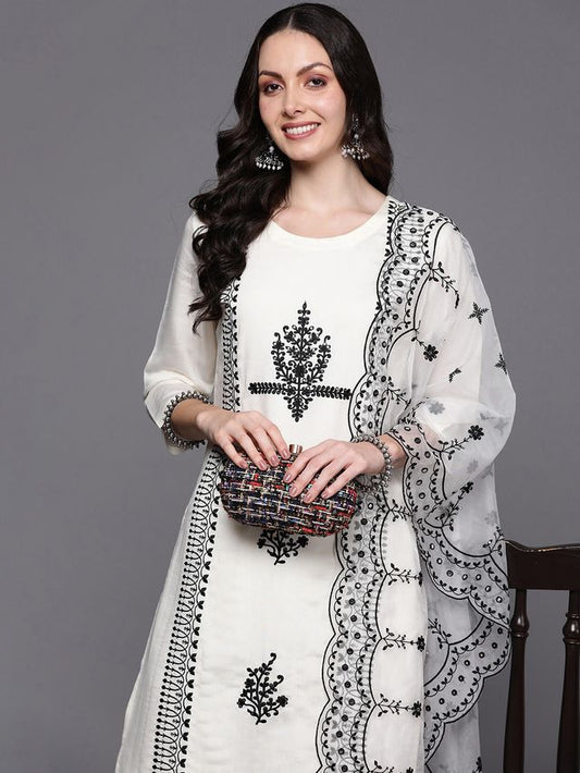 Indo Era White Embroidered Straight Kurta Trousers With Dupatta  Set