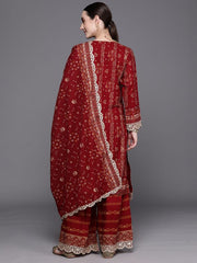 Indo Era Maroon Printed Straight Kurta Sharara With Dupatta Set