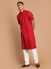 VM by Vastramay Men's Maroon And White Cotton Blend Kurta Pyjama Set