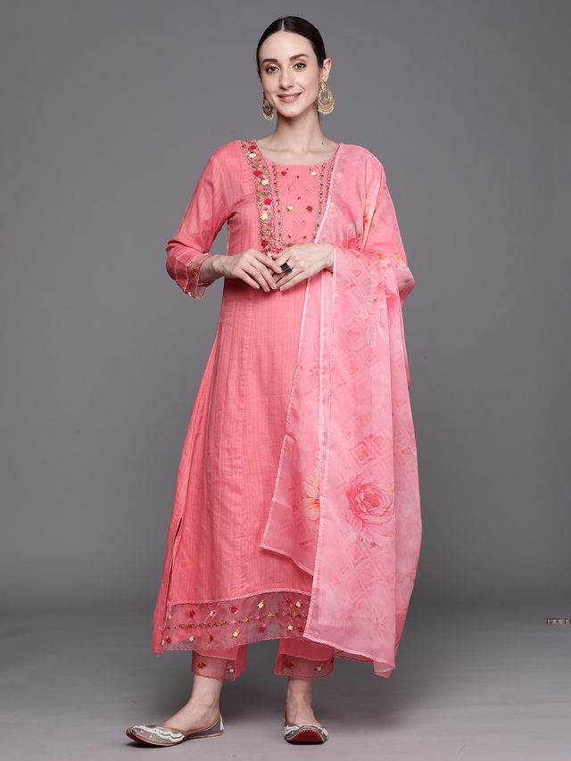 Indo Era Pink Embroidered A-Line Kurta Trousers With Dupatta Set