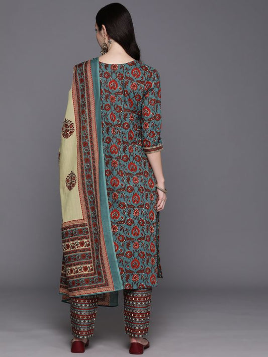 Indo Era Teal Printed Straight Kurta Trousers With Dupatta Set