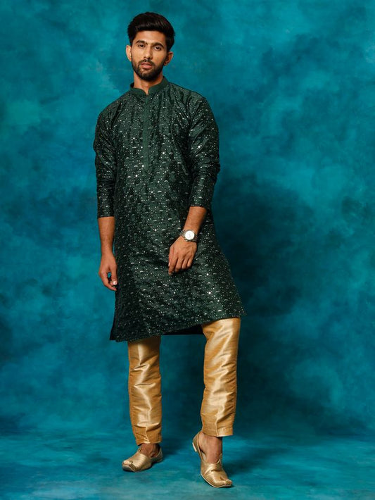 VM Men's Green And Rose Gold Silk Blend Kurta Pyjama Set