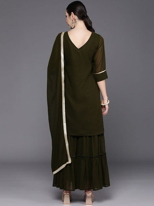 Indo Era Green Embroidered Straight Kurta Sharara With Dupatta Set