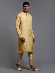 VM Men's Yellow And Gold Silk Blend Kurta Pyjama Set