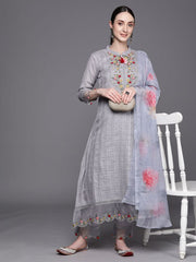 Indo Era Grey Embroidered A-Line Kurta Trousers With Dupatta Set