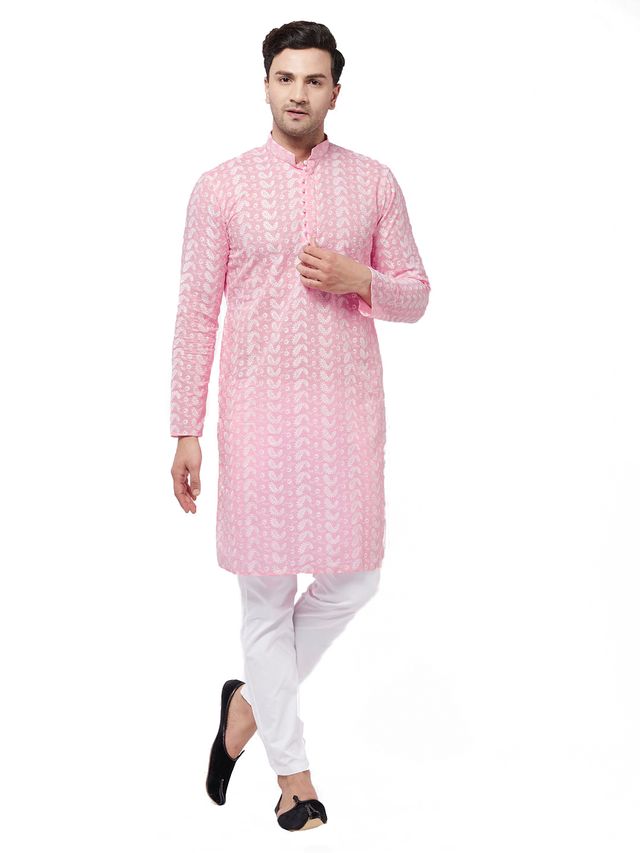 Vastramay Men's Pink And White Pure Cotton Kurta Pyjama Set