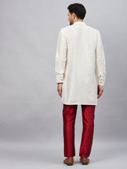 VM Men's Cream And Maroon Cotton Blend Kurta Pyjama Set