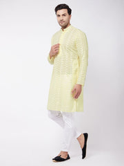 Vastramay Men's Yellow And White Pure Cotton Kurta Pyjama Set