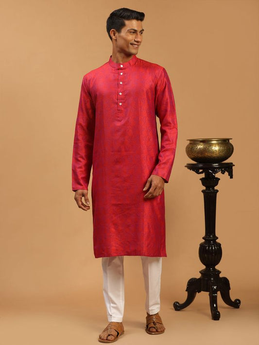 Vastramay Men's Red Silk Blend Kurta & Pyjama