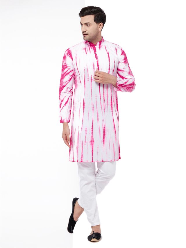 Vastramay Men's Pink And White Pure Cotton Kurta Pyjama Set