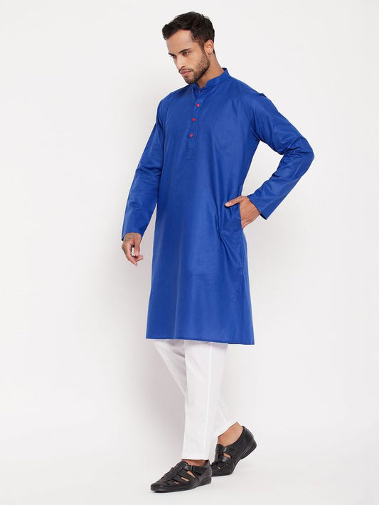 VM Men's Blue And White Cotton Kurta Pyjama Set