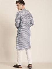 Vastramay Men's Grey And White Cotton Blend Kurta Pyjama Set