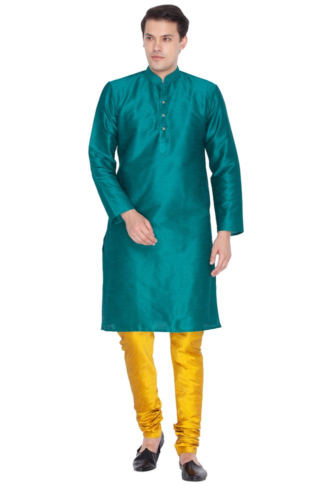 VM by Vastramay Men's Green Silk Blend Kurta Pyjama Set