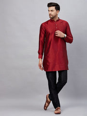 VM Men's Maroon And Black Cotton Blend Kurta Pyjama Set