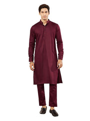 VASTRAMAY Men's Wine Cotton Blend Kurta Pyjama Set