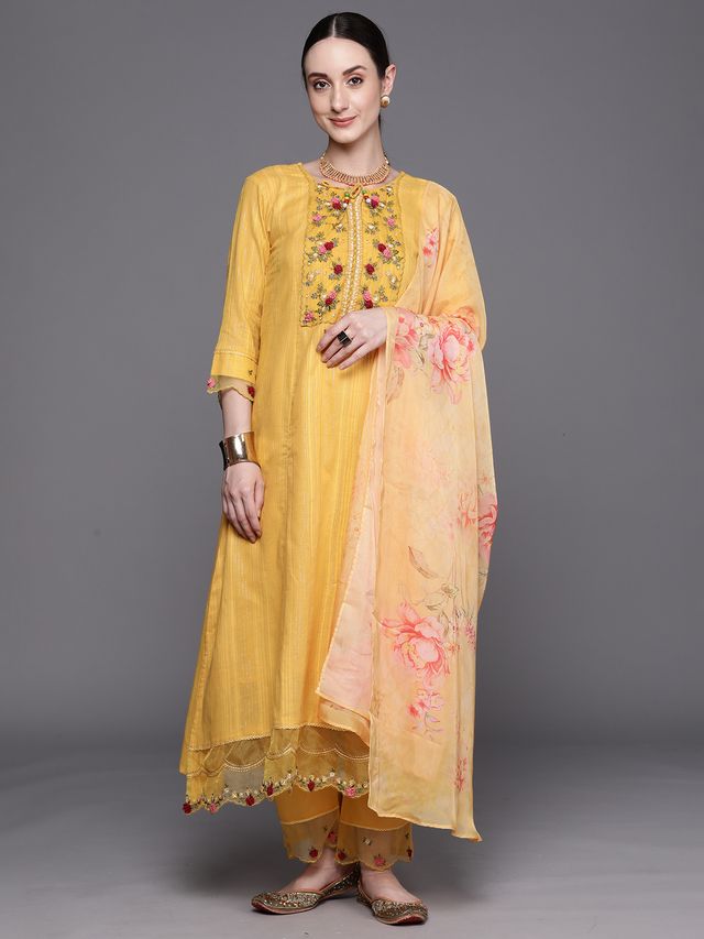 Indo Era Yellow Embroidered A-Line Kurta Trousers With Dupatta Set