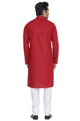 Vastramay Men's Maroon Cotton Linen Blend Kurta Pyjama Set