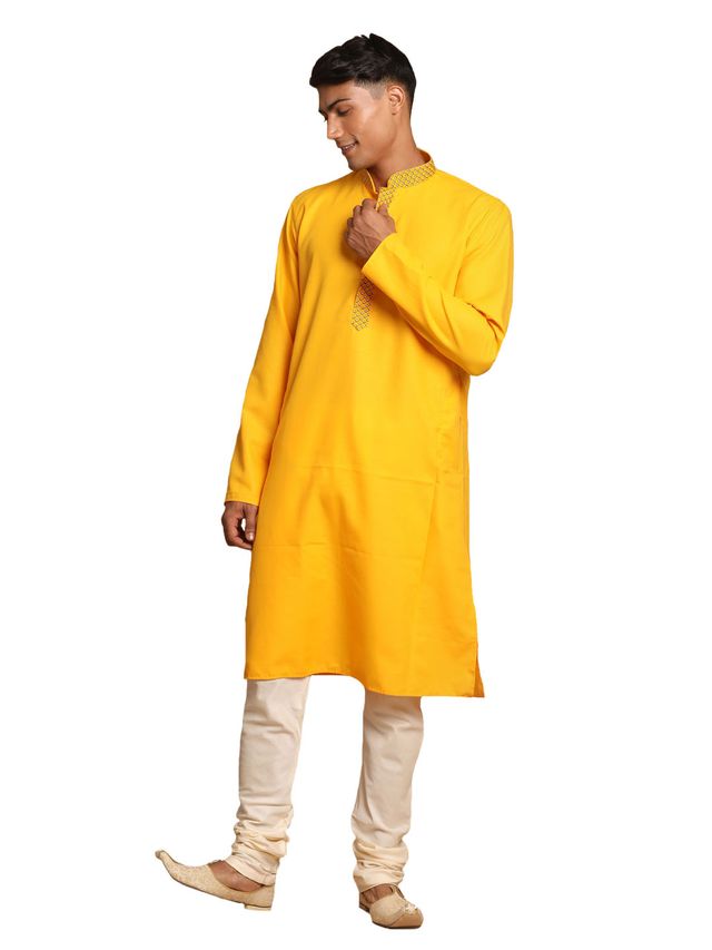 Vastramay Men's Yellow And Cream Cotton Blend Kurta Pyjama Set