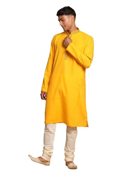 Vastramay Men's Yellow And Cream Cotton Blend Kurta Pyjama Set