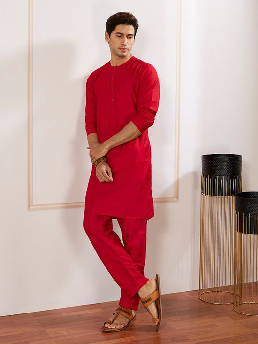 VASTRAMAY Men's Red Viscose Kurta Pyjama Set