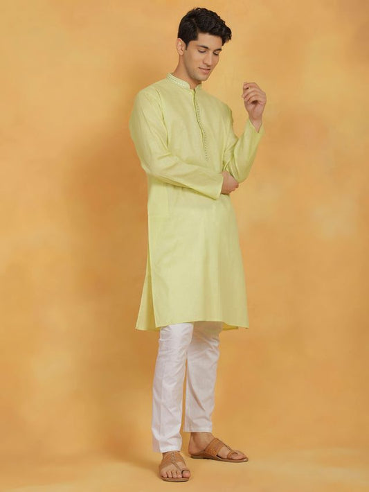 VASTRAMAY Men's Mint Green And White Cotton Kurta Pyjama Set