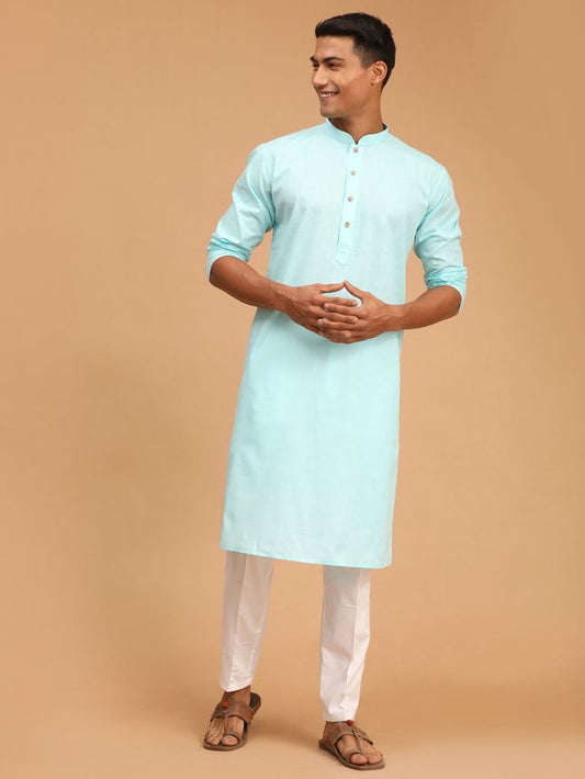 Vastramay Men's Aqua Blue And White Cotton Linen Kurta Pyjama Set