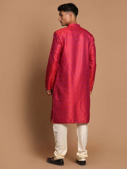 Vastramay Men's Red And Cream Silk Blend Kurta Pyjama Set