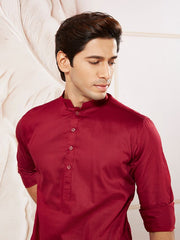 VASTRAMAY Men's Maroon Cotton Blend Kurta Pyjama Set